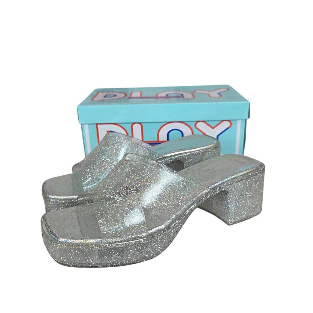 Jeffrey Campbell Bubblegum Slide Shoes 9M Silver Iridescent Chunky Heels NWB